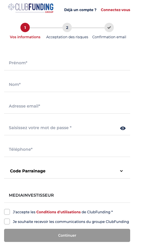 Inscription, code promotionnel et parrainage ClubFunding