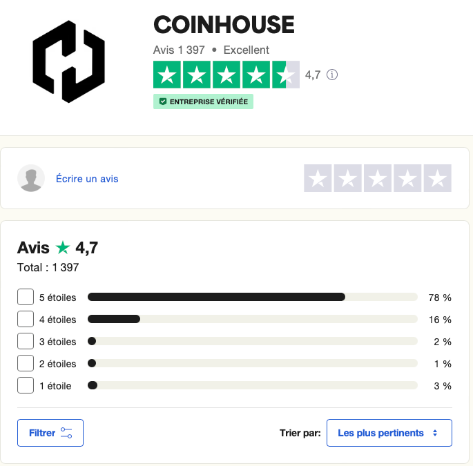 Avis Coinhouse sur Trustpilot