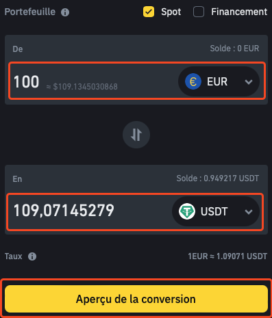 Convertir EUR en USDT sur Binance