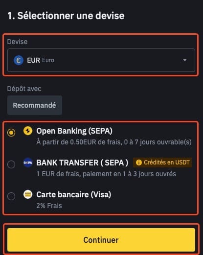 Dépôt d'argent sur Binance